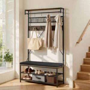 VEVOR Szafa do przedpokoju 1015 x 400 x 1830 mm, wieszak na ubrania z ławką i półką na buty (2 poziomy), wolnostojąca szafa z metalową kratką i drążkiem na ubrania, idealna do przedpokoju, sypialni