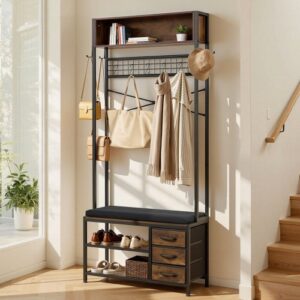 VEVOR Szafa do przedpokoju 80 x 30 x 180 cm, wieszak na ubrania z półką na buty (2 poziomy) i 3 szuflady, wolnostojąca szafa z półką na książki i metalową kratką, idealna do przedpokoju, sypialni