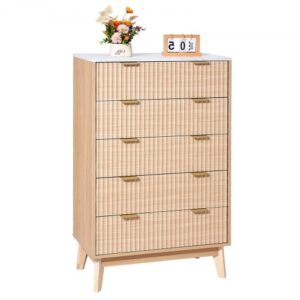 Komoda VEVOR z 5 żłobionymi szufladami, drewniana komoda z przesuwanymi szufladami i zabezpieczeniem przed przewróceniem, nowoczesna minimalistyczna szafka w stylu retro z organizerem do salonu, sypialni i przedpokoju (jasne drewno)