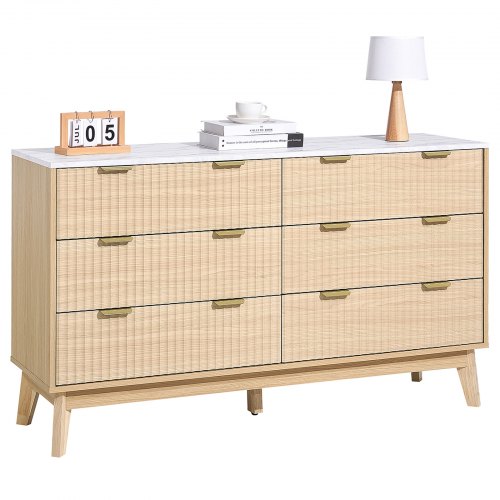 Komoda VEVOR z 6 żłobionymi szufladami i zabezpieczeniem przed przechyleniem i przesuwaniem, minimalistyczna, nowoczesna szafka z szufladami (399 x 1372 x 813 mm) Organizer do salonu, sypialni i przedpokoju (jasne drewno)