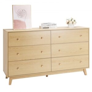 Komoda VEVOR z 6 szufladami i zabezpieczeniem przed przewróceniem, minimalistyczna, nowoczesna komoda (39,9 x 137,2 x 81,3 cm) Komoda z organizerem do salonu, sypialni i przedpokoju (jasne drewno)