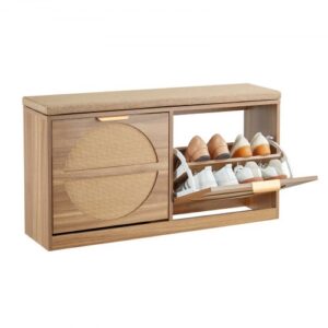Ławka wejściowa VEVOR z półką na buty (988 x 240 x 500 mm), ławka wejściowa z materiału przypominającego rattan, półka na buty z poduszkami, 4 przegrodami i drzwiami rattanowymi (nośność 200 kg), do przedpokoju, salonu, sypialni