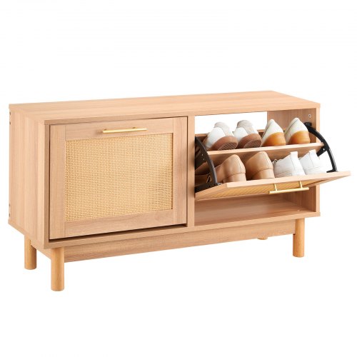 Ławka z półką na buty VEVOR (100 x 30 x 53 cm), ławka do przedpokoju wykonana z materiału przypominającego rattan, z 2 składanymi szufladami, półką na buty z 4 przegrodami i 2 drzwiami z rattanu (nośność 136 kg), do przedpokoju, salonu, sypialni