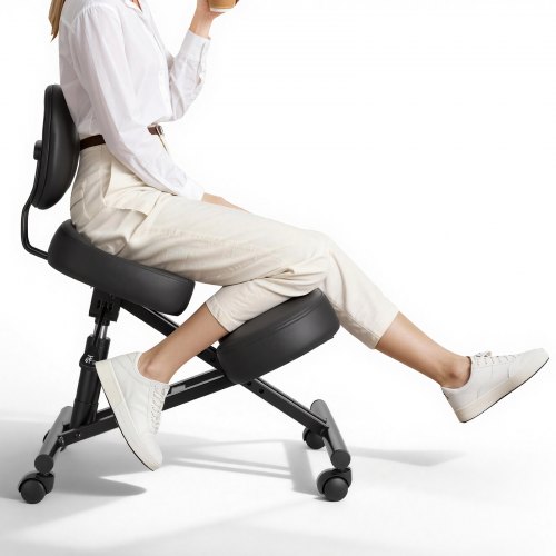 VEVOR Ergonomiczny fotel klęczący z kółkami i oparciem, regulowany pod względem wysokości stołek klęczący w kształcie litery X z grubymi poduszkami piankowymi, zapewniający ulgę szyi i pleców, do domu, biura i medytacji