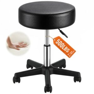 VEVOR Stołek na kółkach, udźwig 181 kg, regulowana wysokość, stołek z ultragrubą poduszką na siedzisko, obrotowy stołek do salonu, baru, domu, biura, gabinetu lekarskiego, masażu, czarny