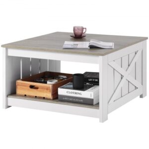 Stolik kawowy VEVOR w stylu rustykalnym, kwadratowy stolik kawowy z otwartą przestrzenią do przechowywania, udźwig 81,7 kg, rustykalny drewniany stolik koktajlowy do salonu, sypialni i studia (szary + biały)