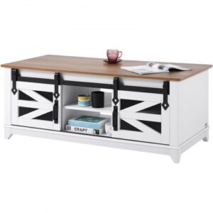 Stolik kawowy VEVOR w stylu rustykalnym, prostokątny stolik kawowy z 2 drzwiami przesuwnymi, udźwig 68 kg, 2-poziomowy rustykalny stolik koktajlowy z wyjmowanymi półkami do salonu i sypialni