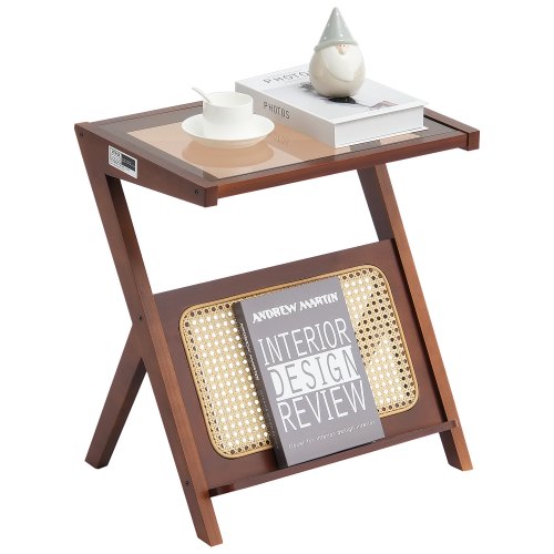 Stolik kawowy VEVOR Rattan Stolik kawowy w kształcie litery Z wykonany z plecionego rattanu bambusowego z blatem ze szkła hartowanego, 50 cm nowoczesny stolik kawowy w stylu boho z miejscem do przechowywania i nogami, do salonu, sypialni