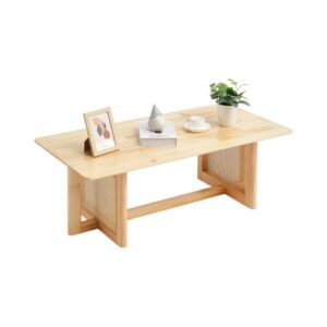 VEVOR Stolik kawowy z rattanu, prostokątny stolik kawowy z plecionego drewna rattanowego z blatem z drewna kauczukowego, 120 cm, nowoczesny stolik kawowy w stylu boho z miejscem do przechowywania i nogami z naturalnego drewna, do salonu