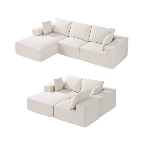 VEVOR Modułowa sofa narożna w kształcie litery L z funkcją spania z pianką wysokoelastyczną i tapicerowanym sztruksem o wysokiej gęstości (nośność 545 kg / długość 265 cm) z poduszkami do salonu, kolor beżowy
