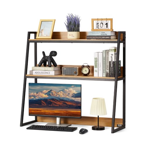 VEVOR Biurko Półka na książki 2-poziomowy organizer (95 x 32 x 90 cm) Półki stołowe Organizer Półka ekspozycyjna wykonana z płyty wiórowej + papier melaminowy + Q195A, półka z antypoślizgowymi nóżkami, kolor biurowy czarny