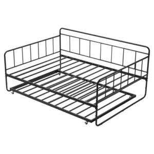 VEVOR Pełnowymiarowa rama łóżka dziennego, łóżko dzienne z wysuwanym wysuwanym łóżkiem, rama łóżka platformowego, sofa rozkładana (nośność 400 funtów) z metalowym stelażem listwowym do salonu, sypialni, pokoju gościnnego, kolor czarny