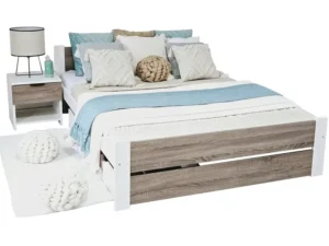 Łóżko podwójne drewniane LEA 140×200 białe Dąb Truflowy + stelaż gratis
