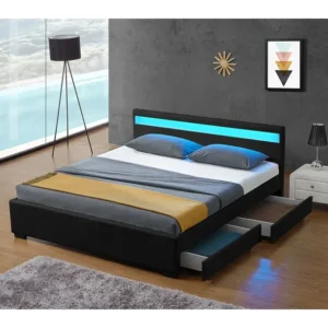 ŁÓŻKO TAPICEROWANE LED 160×200 CZARNE SZUFLADY