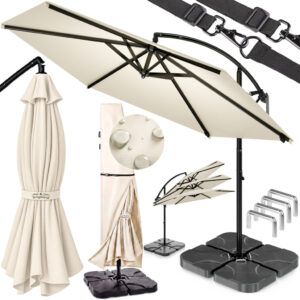 Parasol boczny kremowy 350 cm — komplet z 4 obciążnikami i pokrowcem