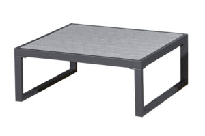 Stolik ogrodowy 75 cm Mostrare szary nietuzinkowy design blat stolika wykończony polywood metalowa konstrukcja minimalistyczny styl