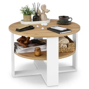 Stolik kawowy okrągły z półką fi70CM Nowoczesny do Salonu Biały + Dąb craft