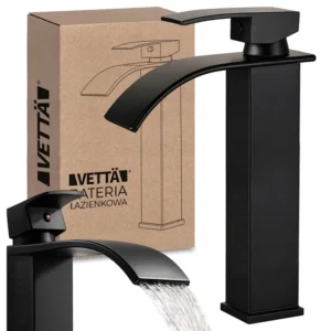Bateria Stojąca Umywalkowa Wodospadowa Kran Do Zlewu Czarna Wysoka Wylewka