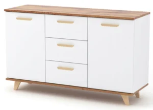 Komoda 120 cm biała dąb wotan do salonu 3 szuflady Oslo Styl Skandynawski