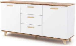 Komoda 150 cm biała dąb wotan do salonu 3 szuflady Oslo Styl Skandynawski