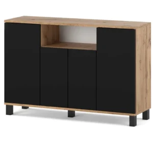 KOMODA 120 CM DĄB WOTAN CZARNA 4 DRZWI NOWOCZESNA SZAFKA RTV LOFT DO SALONU