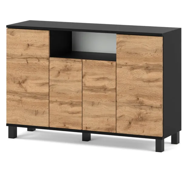 KOMODA 120 CM SZARA DĄB WOTAN 4 DRZWI NOWOCZESNA SZAFKA RTV LOFT DO SALONU