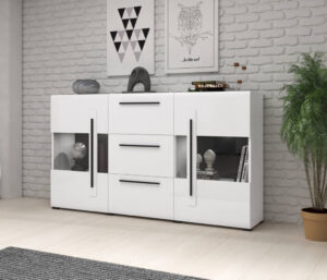 Komoda z szufladami Tulsa 180 cm biała / biały połysk funkcjonalna idealna do wnętrz w stylu nowoczesnym klasycznym i skandynawskim