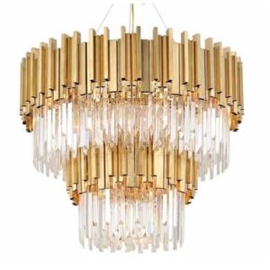 Żyrandol nowoczesny, kryształowy – Illuminating Brass Fall – kaskadowy żyrandol średnica 80 cm