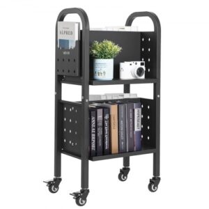 Wózek biblioteczny VEVOR, udźwig 70 kg, 45 x 33 x 88 cm, dwustronna półka na książki w kształcie litery L z podwójnymi kółkami hamulcowymi, wózek-półka do salonu, biura, szkoły, czarny