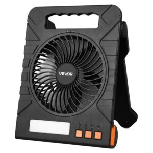 VEVOR 10000 mAh wentylator solarny kempingowy z latarką LED, wentylator 17 cm, bezprzewodowy, ze składanym panelem słonecznym 4 W, 4 prędkości, timer i cichy, zasilany bateryjnie przez USB, do biwakowania, na plac budowy, do biura, na biurko